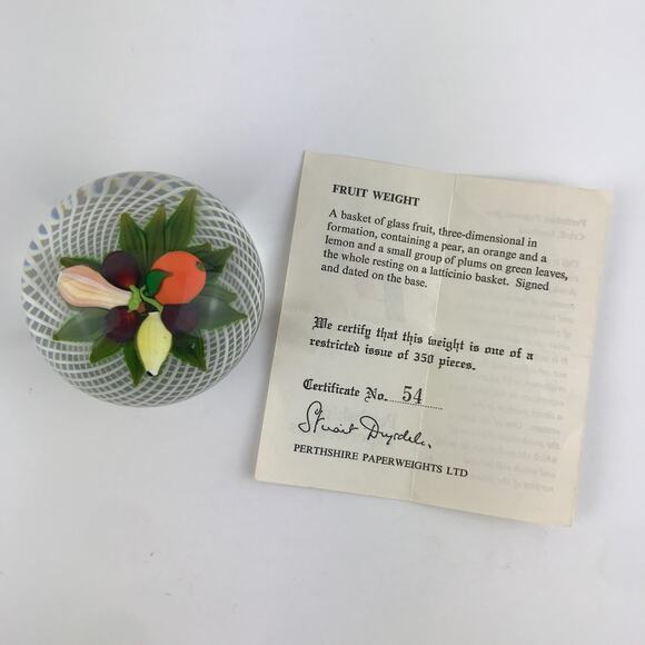Perthshire 1980D Fruit 3D Pear Orange Lemon Plums Latticinio Paperweight Cert - Picture 2 of 16